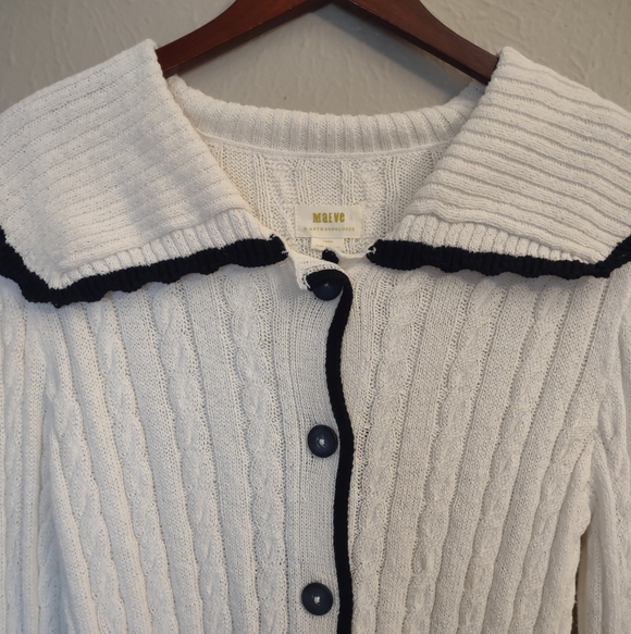 Maeve by Anthropologie Lighthouse Sailor Collar Cable Knit Cardigan White Large - Picture 4 of 16